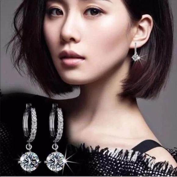 SOLITAIRE 925 SILVER DIAMOND DROP HOOP EARRINGS, NICE EARRINGS, CUTE EARRINGS - Picture 3 of 7